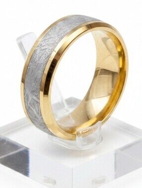 New Men's Size 13 Gold Plated Silver Frosted Stripe Stainless Steel Ring. This e